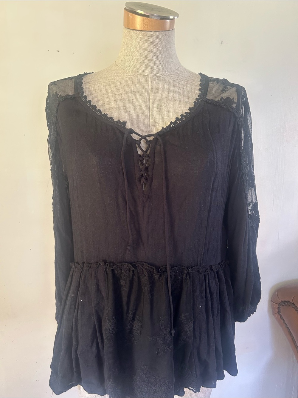 Free People Black Lace-Trim Peasant Top